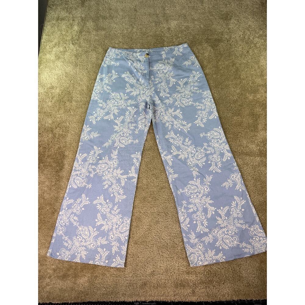Zingara Womens Size L Pants Blue Wide Leg Linen Blend Beach Floral C410